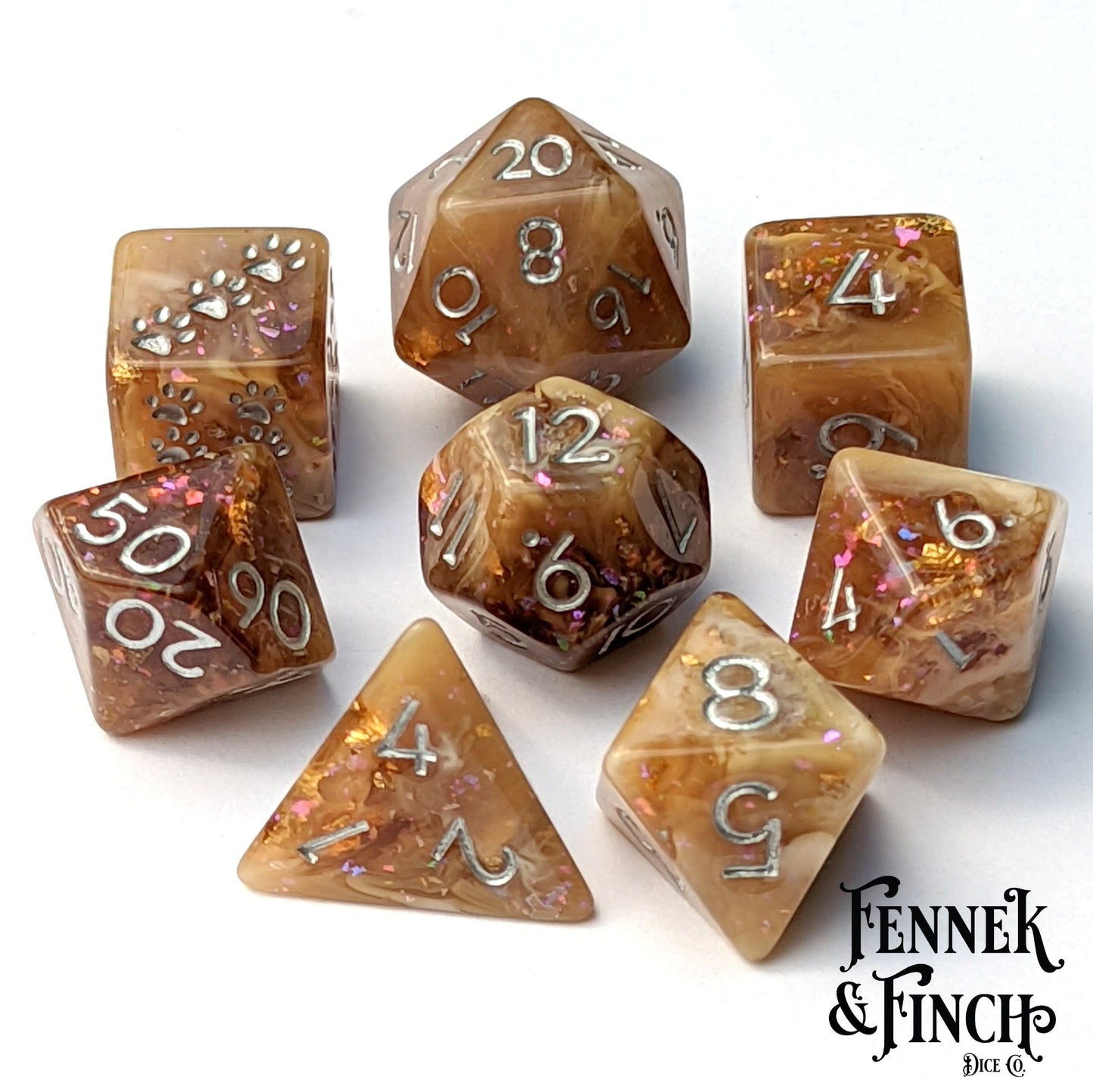 Magic Brew Coffee Dice Set in brown and cream resin with glitter and foil, 8 polyhedral dice, CozyGamer exclusive for TTRPGs.