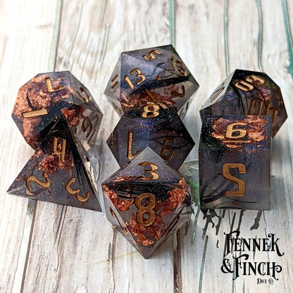 Magic Feather Dice Set – B-Grade Sharp Edge Black Feather Copper Foil DnD Dice | Fennek & Finch Dice Sets & Games Fennek and Finch