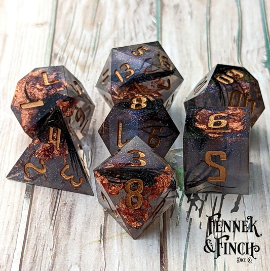 Magic Feather Dice Set – B - Grade Sharp Edge Black Feather Copper Foil DnD Dice | Fennek & Finch - Fennek and Finch