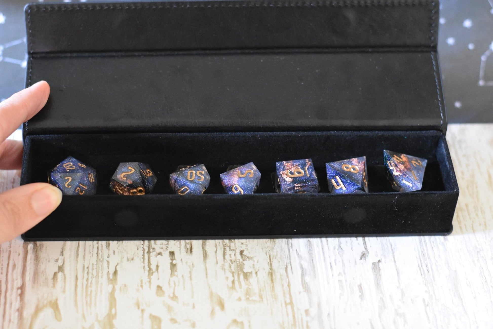Magic Feather Dice Set – B-Grade Sharp Edge Black Feather Copper Foil DnD Dice | Fennek & Finch Dice Sets & Games Fennek and Finch