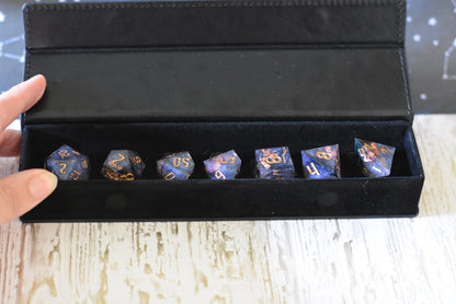 Magic Feather Dice Set – B-Grade Sharp Edge Black Feather Copper Foil DnD Dice | Fennek & Finch Dice Sets & Games Fennek and Finch