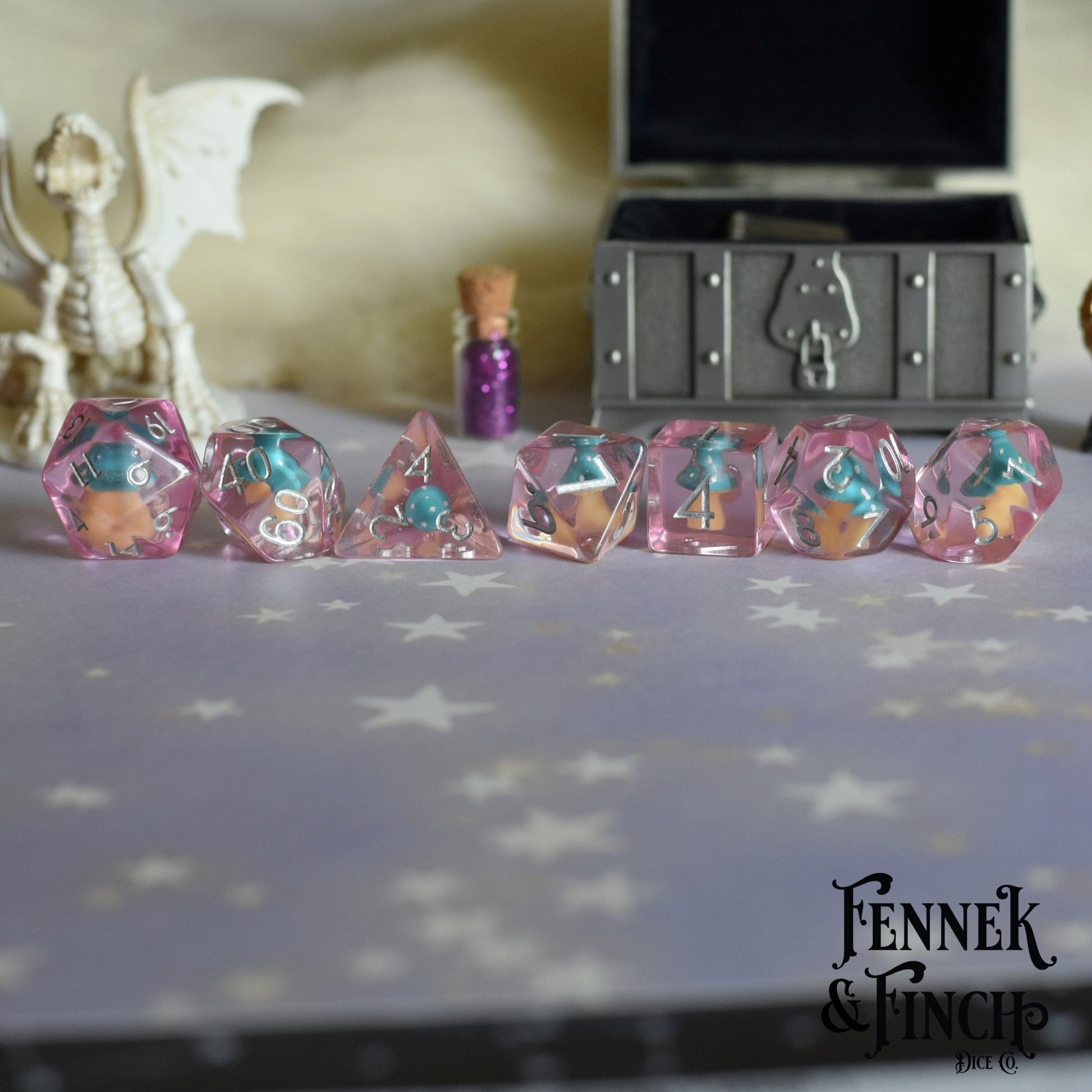 Magic Mushroom Dice Set – 7 - Piece Blue Amanita Clear Purple DnD Dice - Fennek and Finch