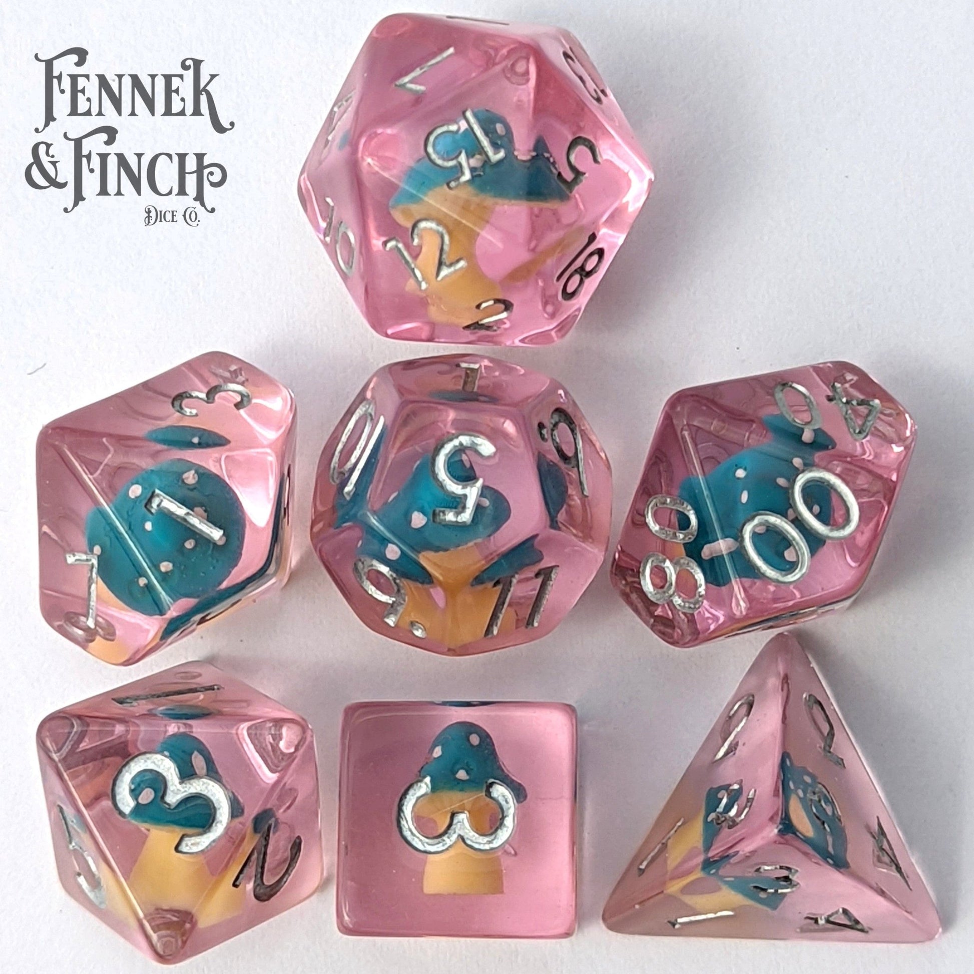 Magic Mushroom Dice Set – 7 - Piece Blue Amanita Clear Purple DnD Dice - Fennek and Finch