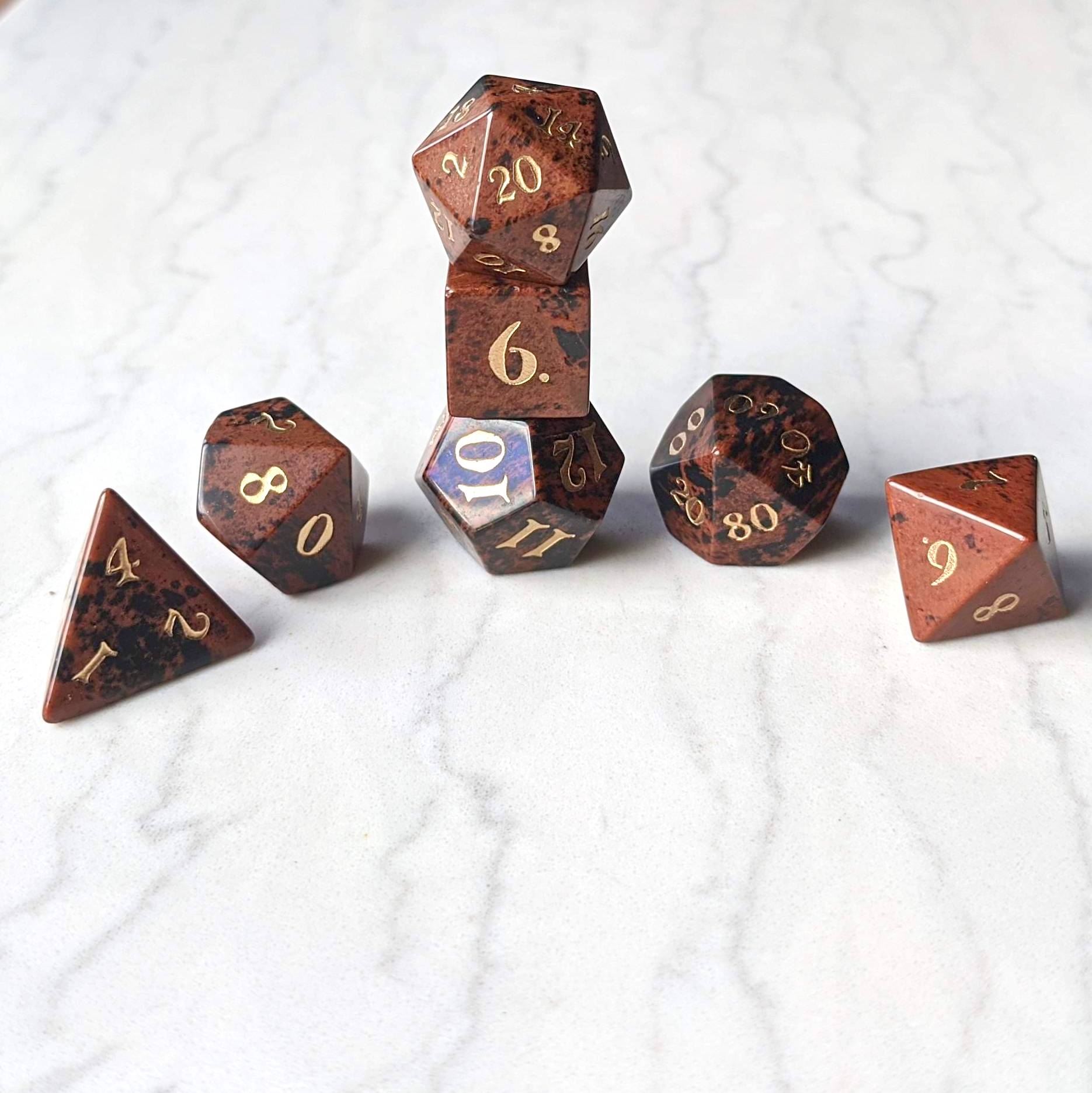 Mahogany Obsidian Dice Set – 7 - Piece Real Gemstone DnD Dice - Fennek and Finch