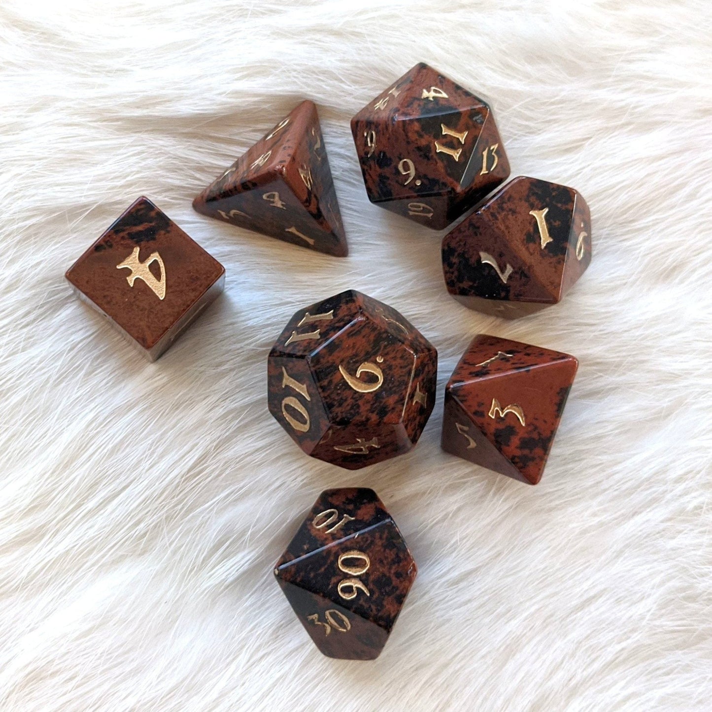 Mahogany Obsidian Dice Set – 7 - Piece Real Gemstone DnD Dice - Fennek and Finch