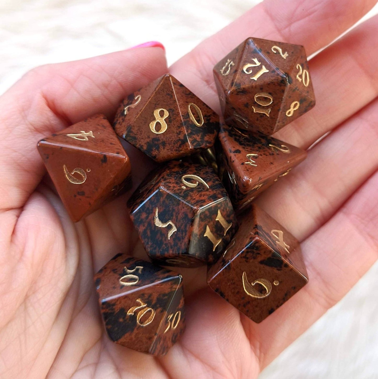 Mahogany Obsidian Dice Set – 7 - Piece Real Gemstone DnD Dice - Fennek and Finch