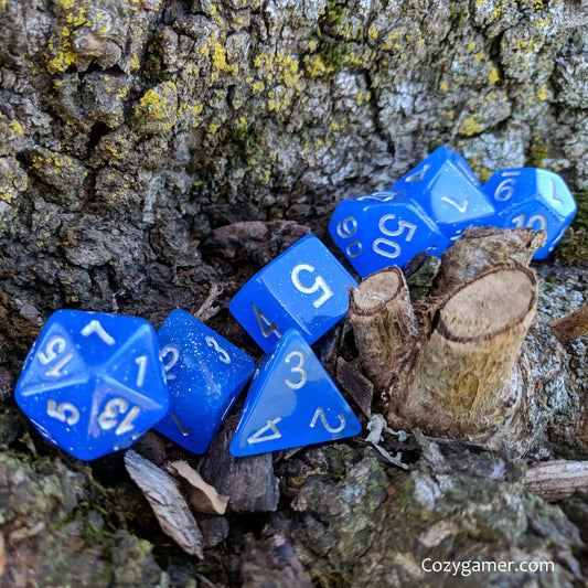 Mana Spritzer Dice Set, Blue Semi Translucent Glitter Dice - CozyGamer