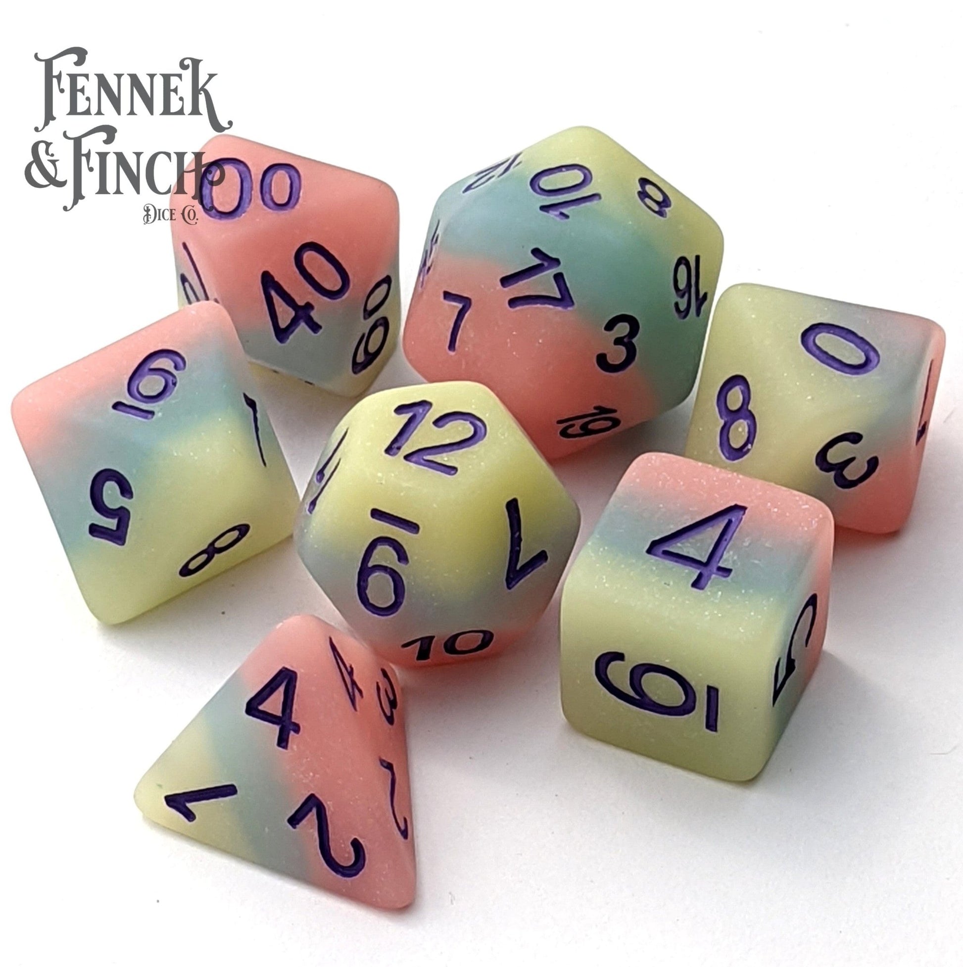 Matte Candy Dice Set – 7-Piece Layered Pink Blue Yellow DnD Dice Dice Sets & Games Fennek and Finch