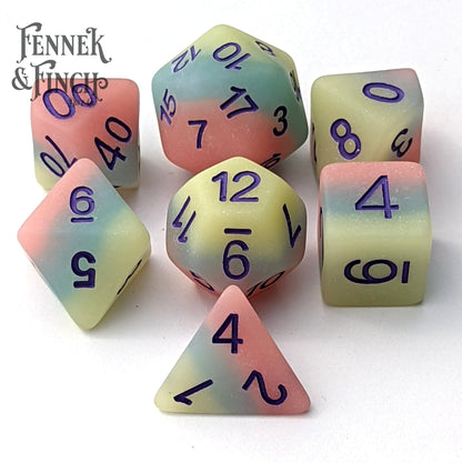 Matte Candy Dice Set – 7-Piece Layered Pink Blue Yellow DnD Dice Dice Sets & Games Fennek and Finch