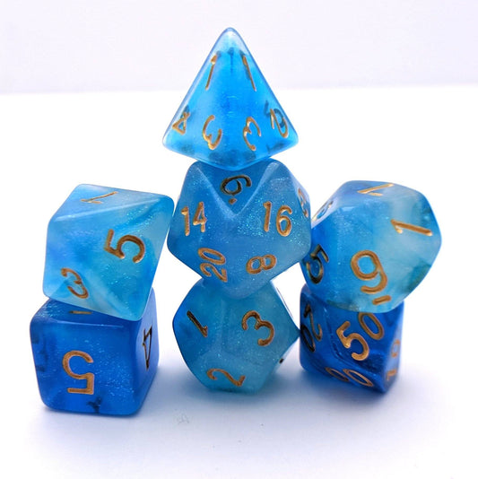 Mermaid Crown Dice Set – 7 - Piece Semi - Translucent Shimmering Blue Acrylic DnD - Fennek and Finch