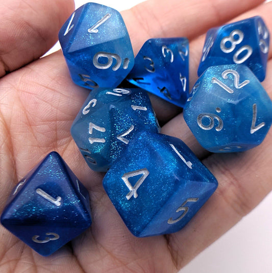 Mermaid Tears Dice Set – Semi - Translucent Shimmering Blue - Fennek and Finch