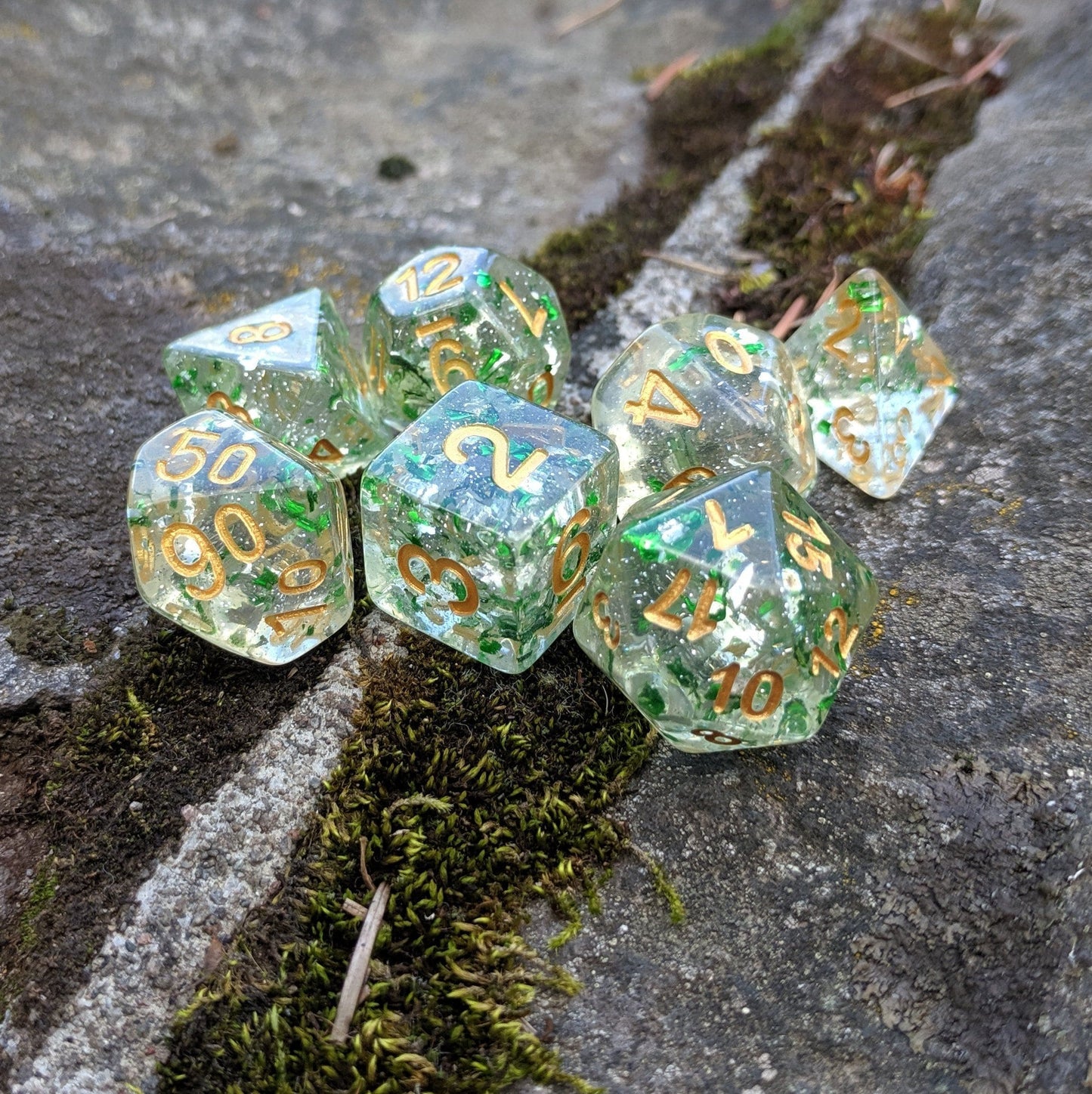 Metallic Emerald Dice Set, Green Translucent Glitter Foil Dice - CozyGamer