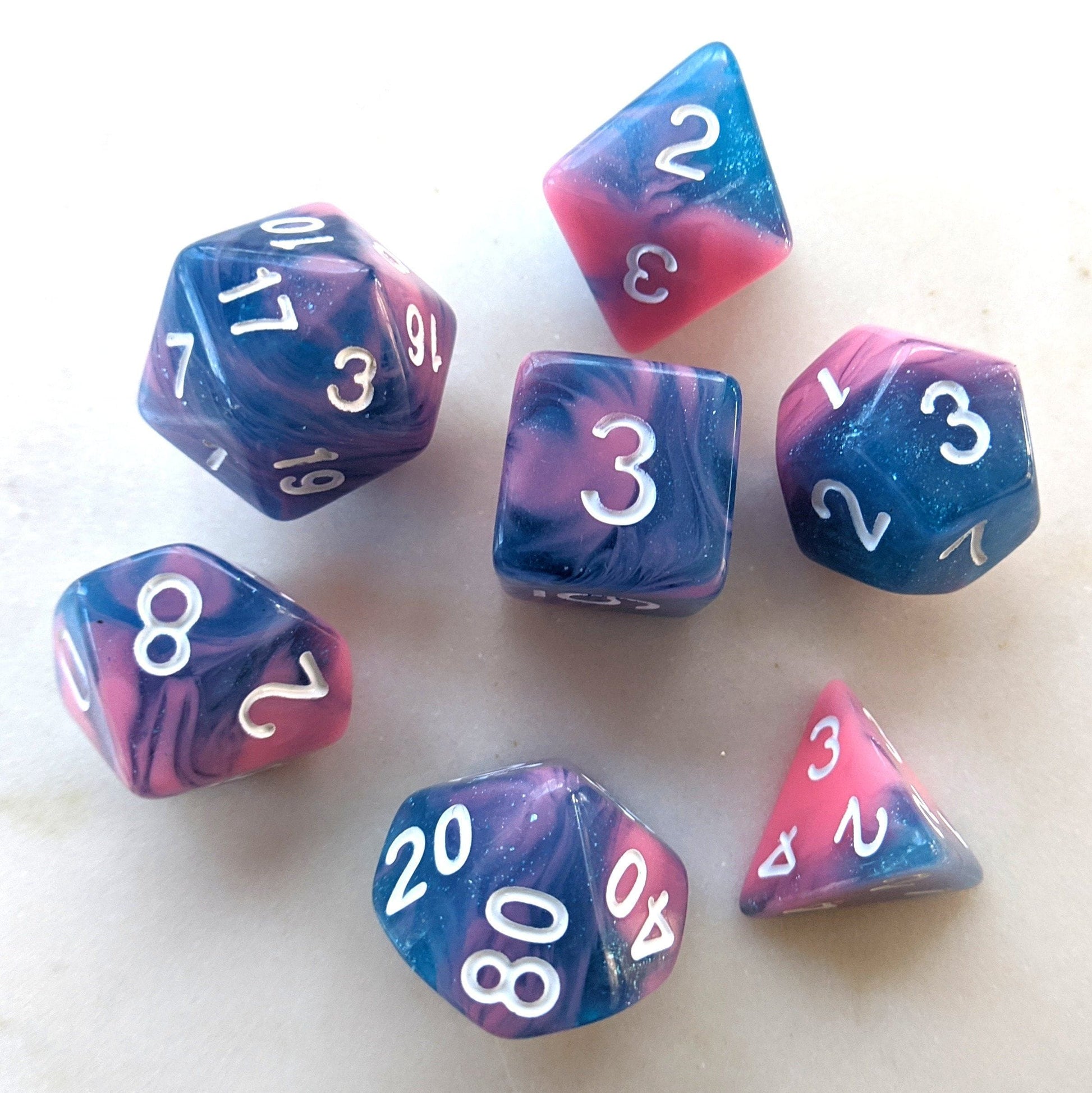 Miami Vice Dice Set. Blue and pink marbled glittery DnD dice set - CozyGamer