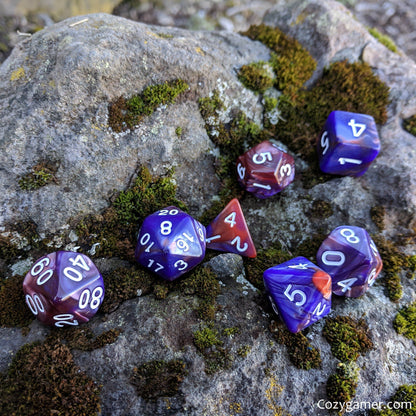 Midnight Rose DnD Dice Set, Purple and Copper Pearly Marbled Dice - CozyGamer