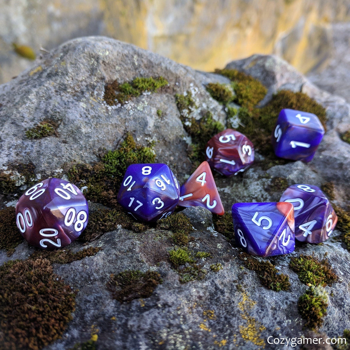 Midnight Rose DnD Dice Set, Purple and Copper Pearly Marbled Dice - CozyGamer