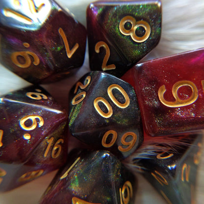 Midnight Rose Galaxy Dice Set – 7-Piece Micro Shimmer Red DnD Dice Dice sets Fennek and Finch