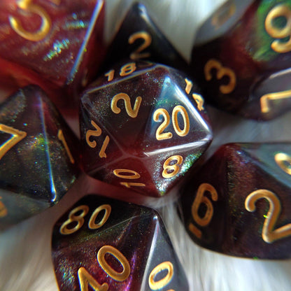 Midnight Rose Galaxy Dice Set – 7-Piece Micro Shimmer Red DnD Dice Dice sets Fennek and Finch