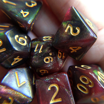 Midnight Rose Galaxy Dice Set – 7-Piece Micro Shimmer Red DnD Dice Dice sets Fennek and Finch