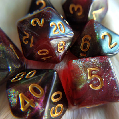 Midnight Rose Galaxy Dice Set – 7-Piece Micro Shimmer Red DnD Dice Dice sets Fennek and Finch