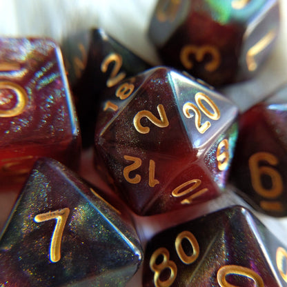 Midnight Rose Galaxy Dice Set – 7-Piece Micro Shimmer Red DnD Dice Dice sets Fennek and Finch