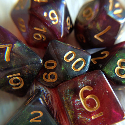 Midnight Rose Galaxy Dice Set – 7-Piece Micro Shimmer Red DnD Dice Dice sets Fennek and Finch