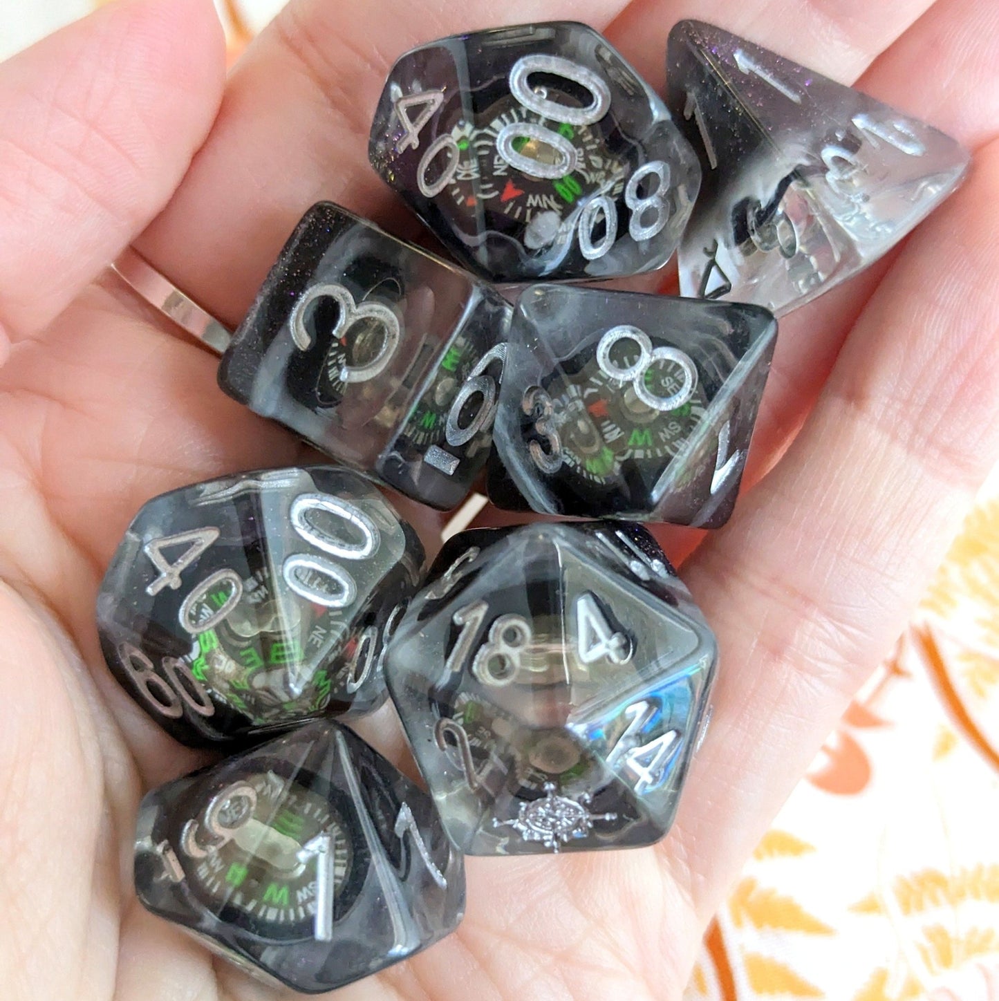 Mini Compass Dice Set – 7 - Piece Real Working Compass DnD Dice - Fennek and Finch