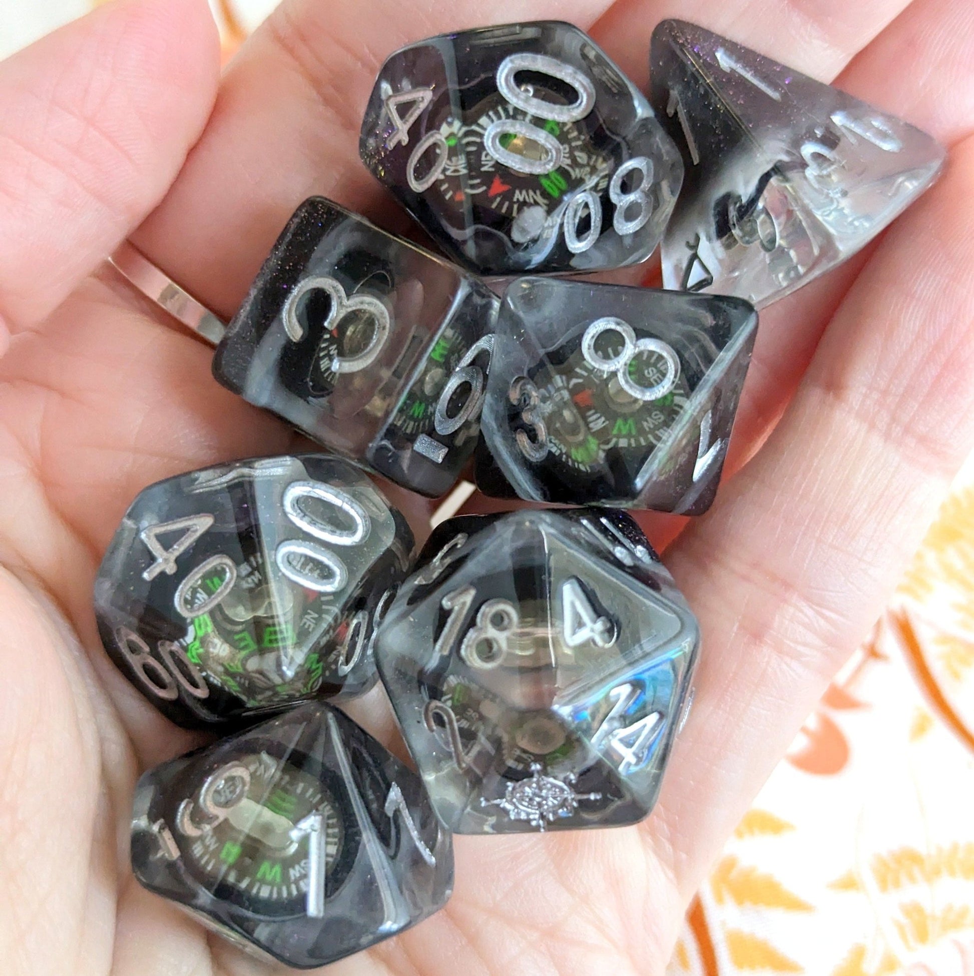 Mini Compass Dice Set – 7 - Piece Real Working Compass DnD Dice - Fennek and Finch