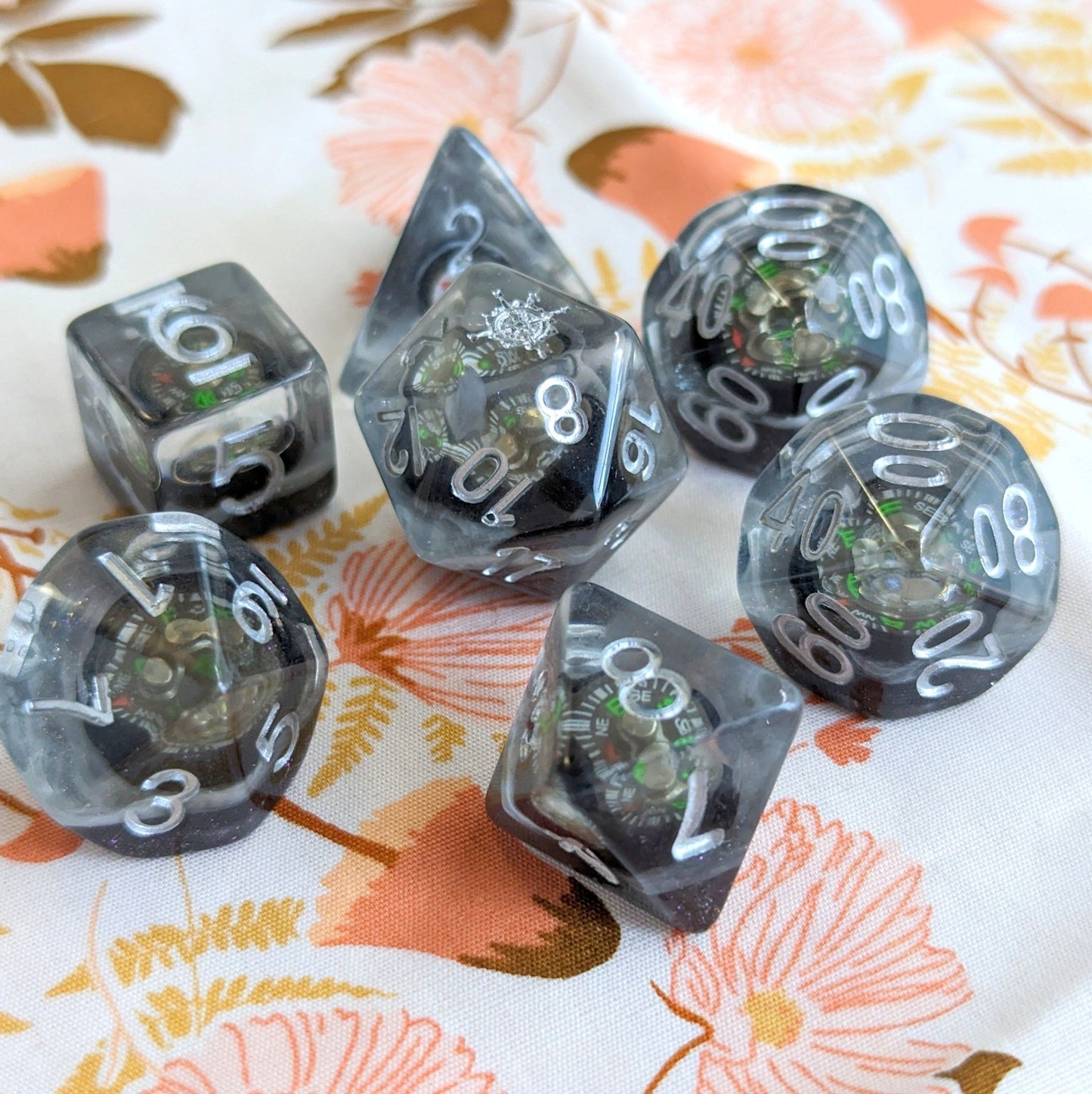 Mini Compass Dice Set – 7 - Piece Real Working Compass DnD Dice - Fennek and Finch