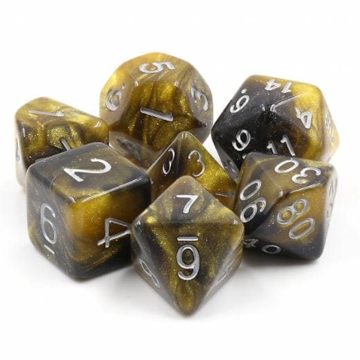 Shimmering gold and black 7-piece polyhedral dice set for tabletop RPGs like Dungeons and Dragons.