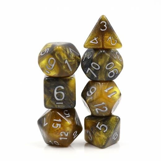 Shimmering gold and black 7-piece Monarch Dice Set for tabletop RPGs like Dungeons and Dragons.