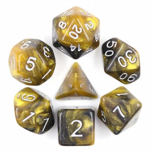 Gold and black shimmering Monarch 7-piece polyhedral dice set for tabletop RPGs like Dungeons and Dragons.