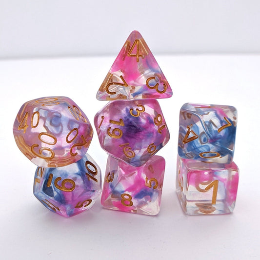 Morning Glory Dice Set – 7 - Piece Translucent Pink Blue Swirled Polyhedral DnD - Fennek and Finch