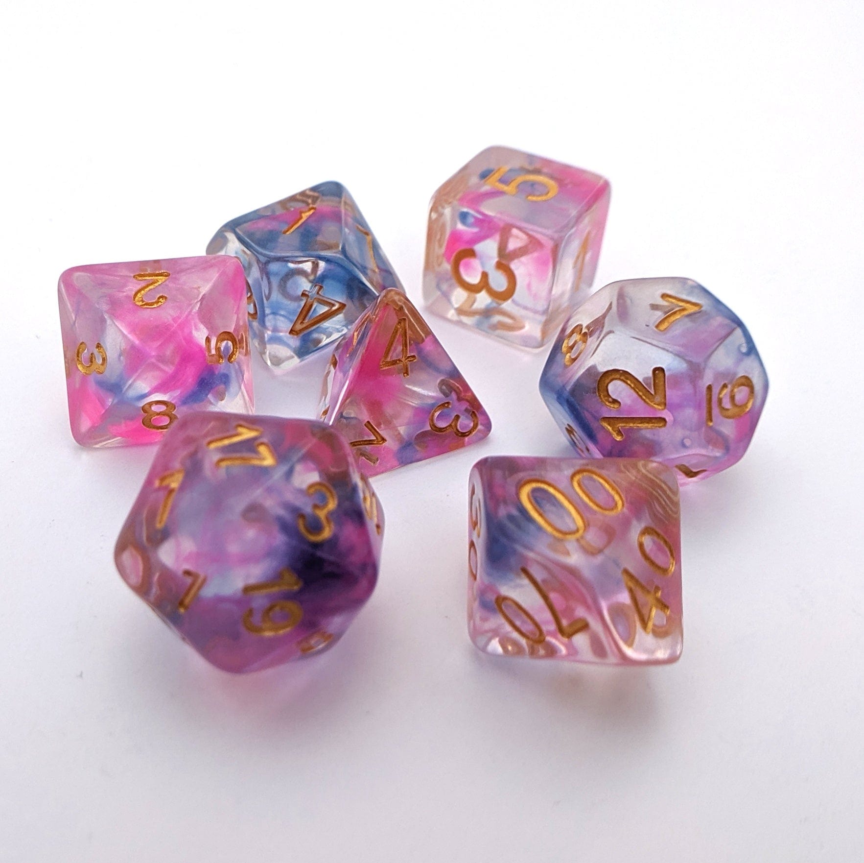 Morning Glory Dice Set – 7 - Piece Translucent Pink Blue Swirled Polyhedral DnD - Fennek and Finch