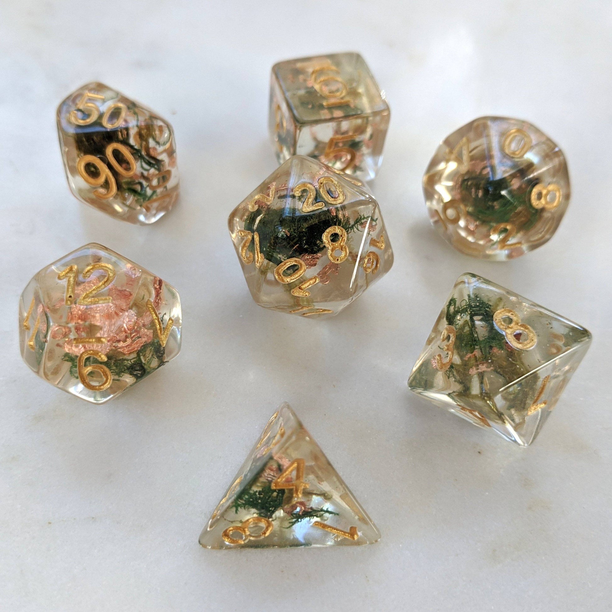 Moss and Copper Dice Set, Translucent Resin Dice with Real Moss and Copper Foil - CozyGamer