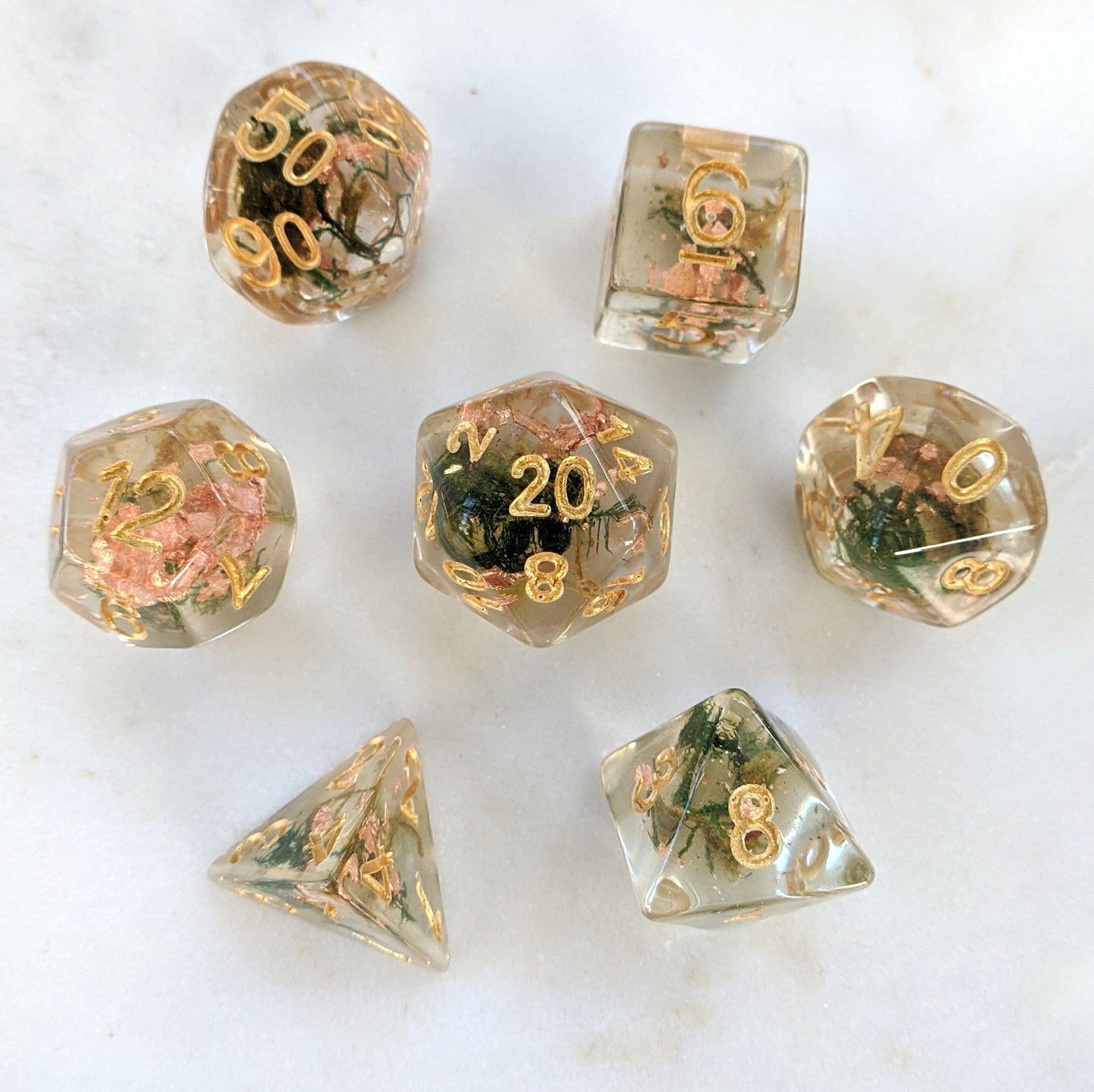 Moss and Copper Dice Set, Translucent Resin Dice with Real Moss and Copper Foil - CozyGamer
