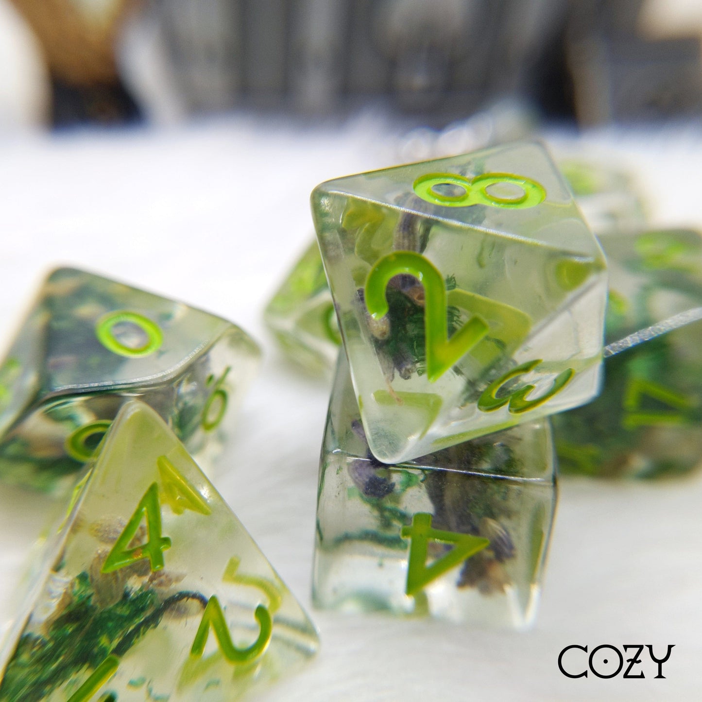 Moss and Lavender Dice Set. Real Dried Plants in Clear Resin
