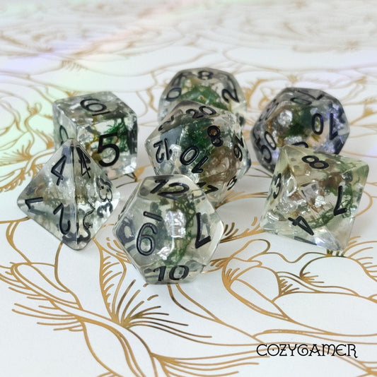 Moss and Silver Dice Set, Translucent Resin Dice with Real Moss and Silver Foil