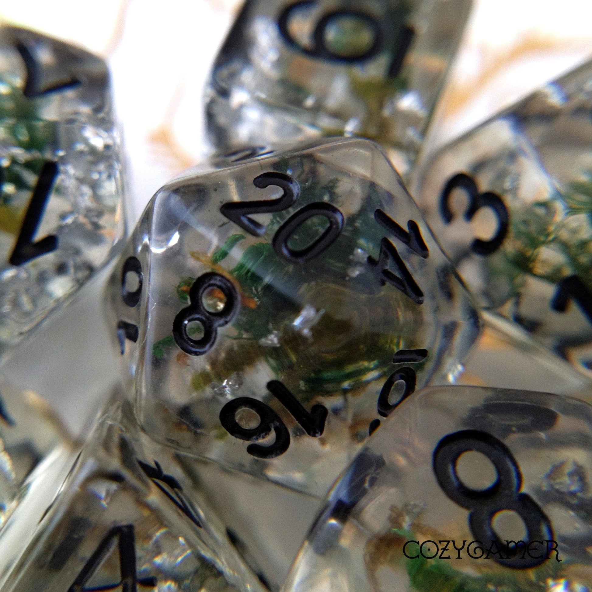 Moss and Silver Dice Set, Translucent Resin Dice with Real Moss and Silver Foil