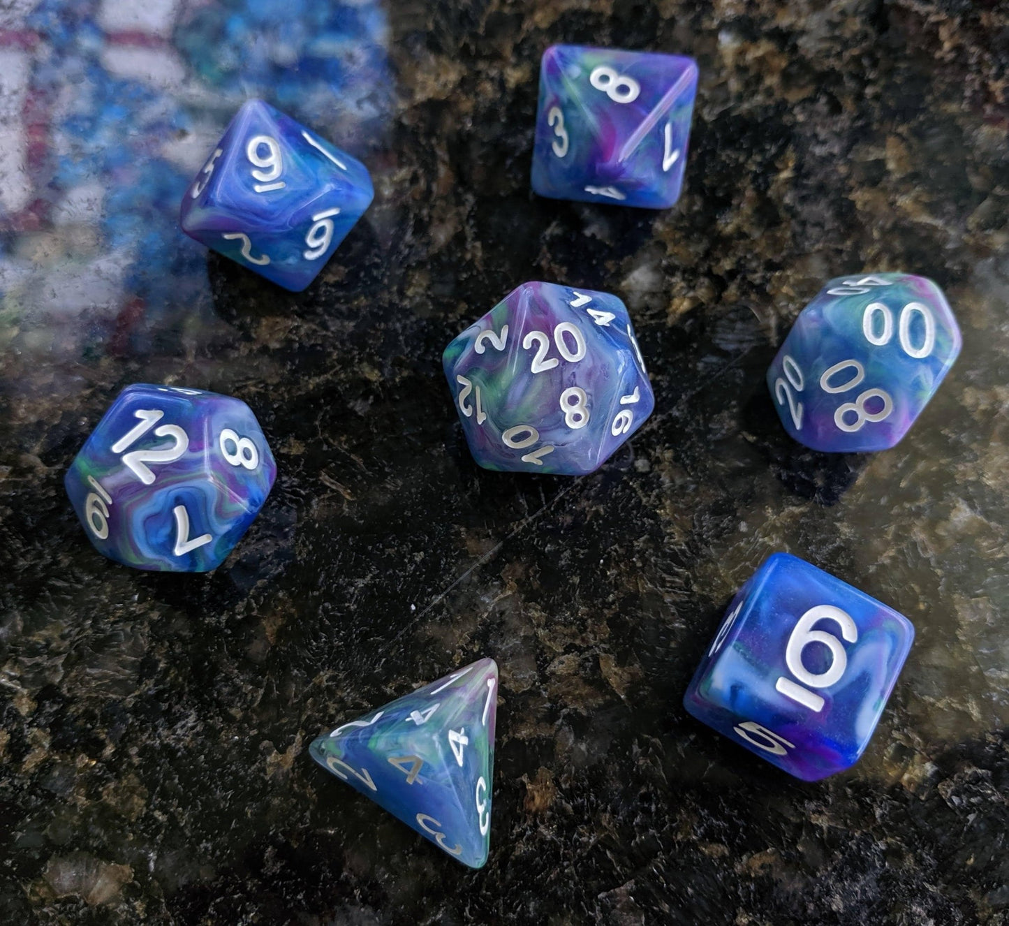 Muse Dice Set – 7-Piece Blue Purple Green Swirled Polyhedral DnD Dice Dice sets Fennek and Finch