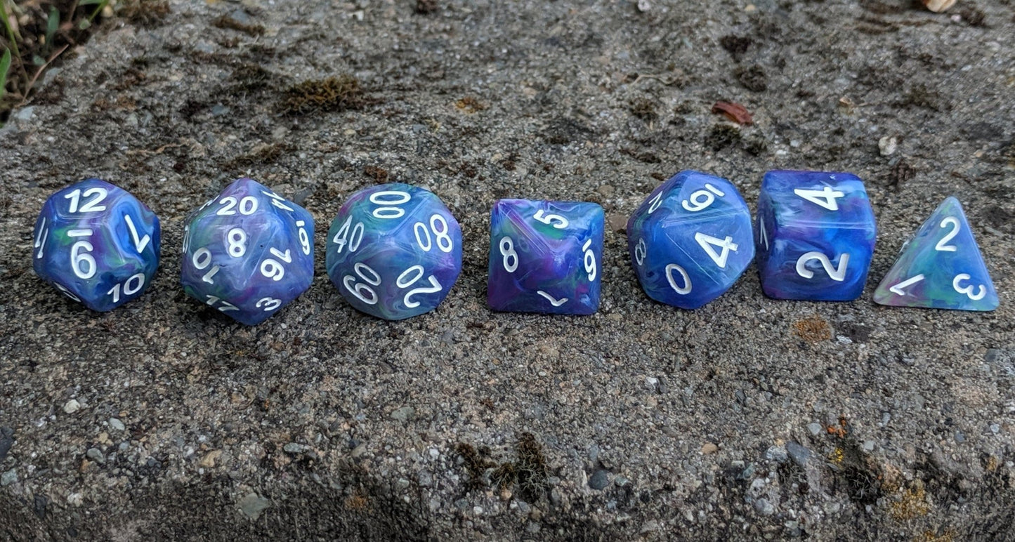 Muse Dice Set – 7-Piece Blue Purple Green Swirled Polyhedral DnD Dice Dice sets Fennek and Finch