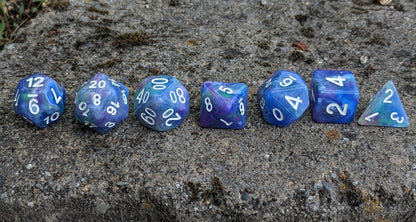 Muse Dice Set – 7-Piece Blue Purple Green Swirled Polyhedral DnD Dice Dice sets Fennek and Finch