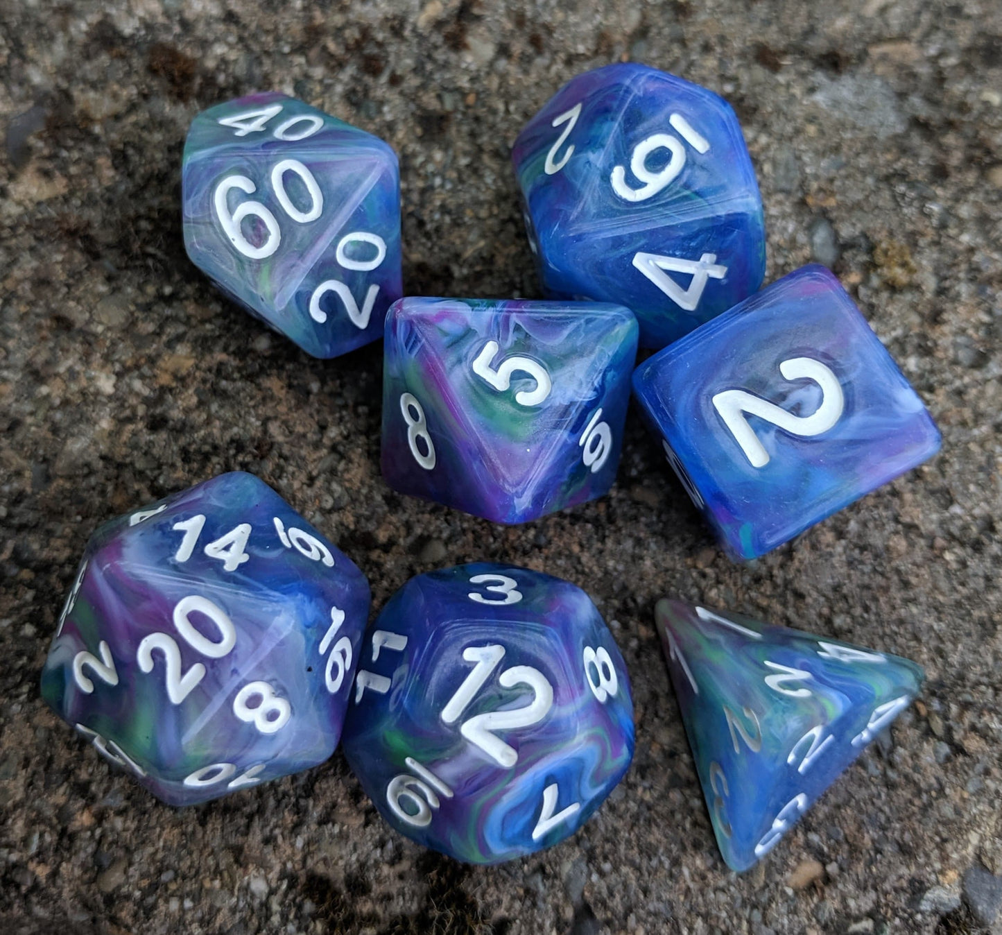 Muse Dice Set, Swirled Blue, Purple, and Green Ink 7 Piece D&D Dice Set - CozyGamer