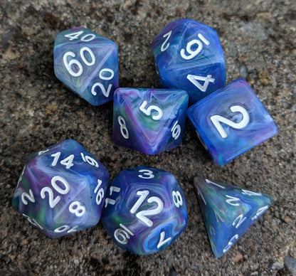 Muse Dice Set, Swirled Blue, Purple, and Green Ink 7 Piece D&D Dice Set - CozyGamer