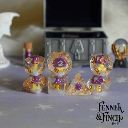 Purple mushroom-themed polyhedral dice set on a cloudy background, perfect for tabletop RPGs like Dungeons and Dragons.