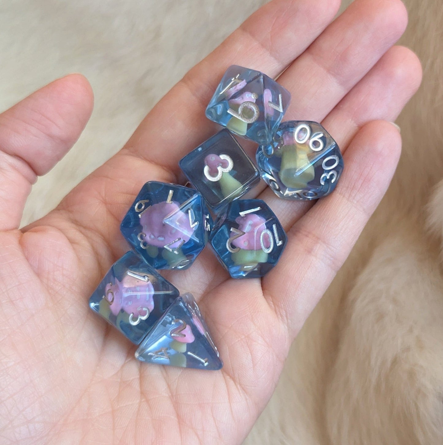 Mushroom Daydream Dice Set – 7 - Piece Pink Amanita Clear Blue DnD Dice - Fennek and Finch
