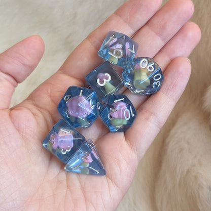 Mushroom Daydream Dice Set – 7 - Piece Pink Amanita Clear Blue DnD Dice - Fennek and Finch