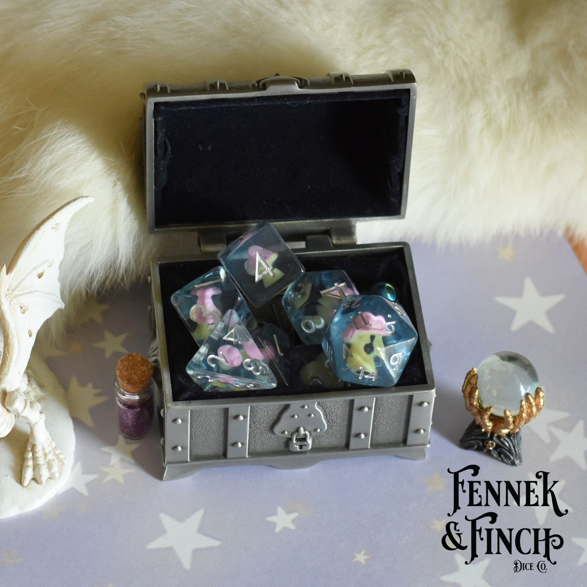 Mushroom Daydream Dice Set – 7 - Piece Pink Amanita Clear Blue DnD Dice - Fennek and Finch