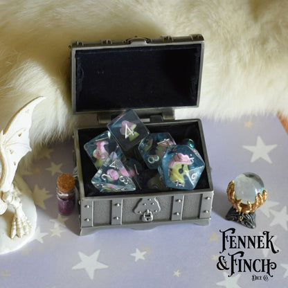 Mushroom Daydream Dice Set – 7 - Piece Pink Amanita Clear Blue DnD Dice - Fennek and Finch