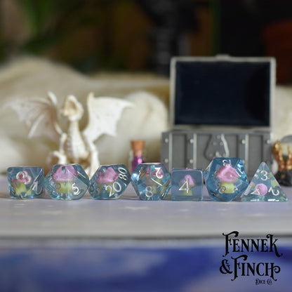 Mushroom Daydream Dice Set – 7 - Piece Pink Amanita Clear Blue DnD Dice - Fennek and Finch
