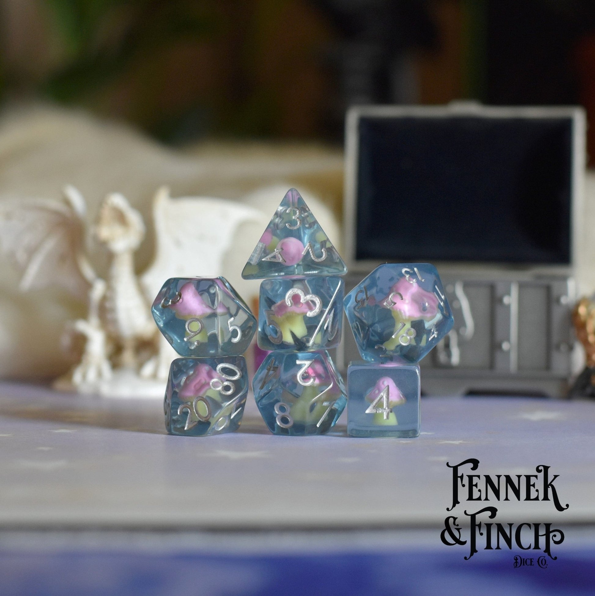 Mushroom Daydream Dice Set – 7 - Piece Pink Amanita Clear Blue DnD Dice - Fennek and Finch